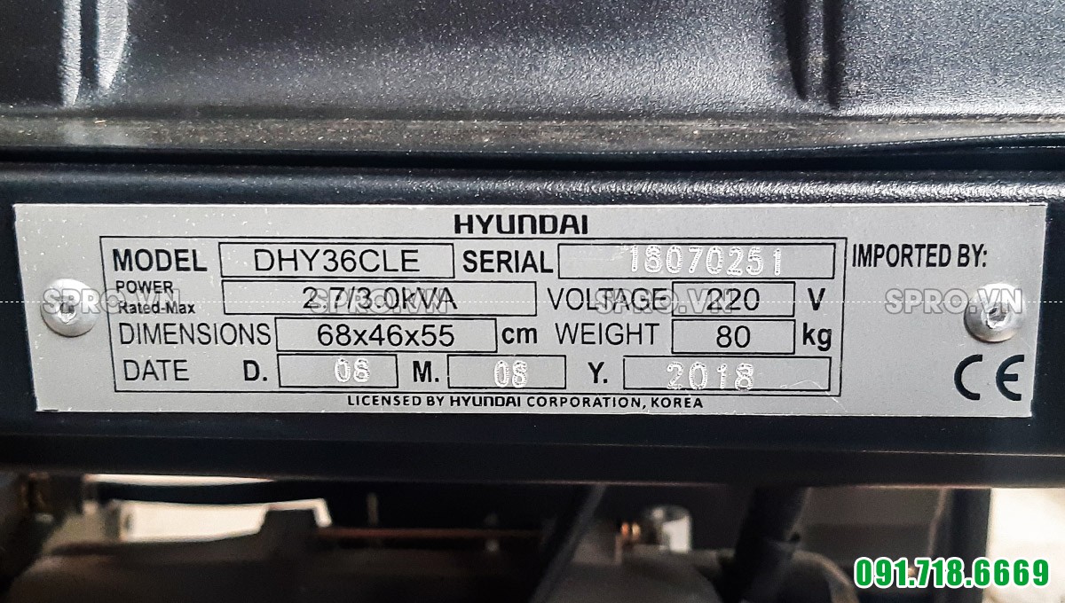 Thông số máy phát điện chạy dầu diesel Hyundai 3kw DHY36CLE