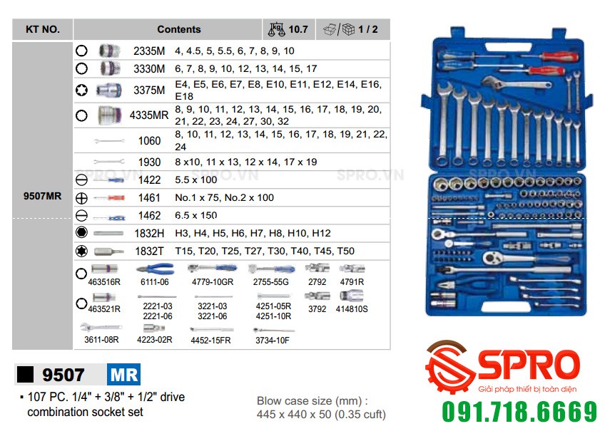 Bộ khẩu tuýp Kingtony 9507MR - 107 chi tiết, 1/4'', 3/8'' và 1/2'' (HỆ MÉT)