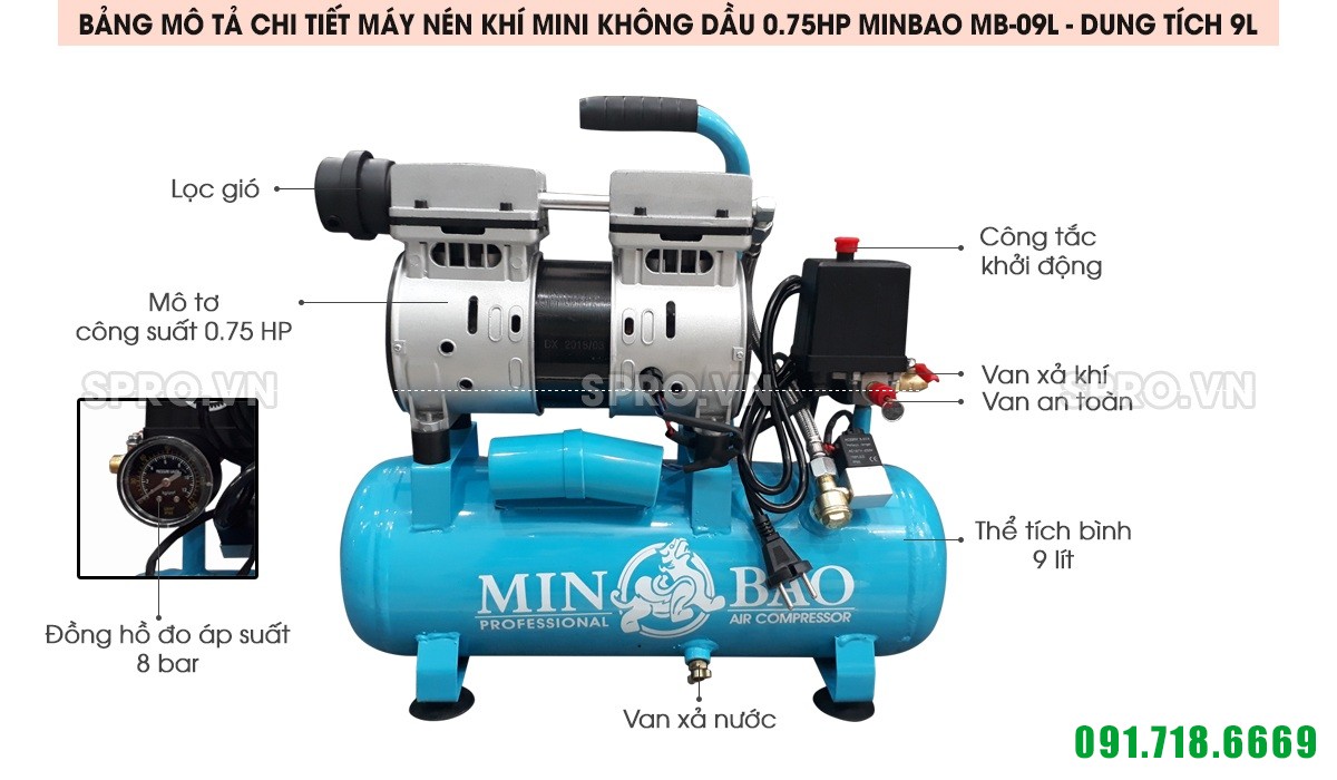 Máy bơm hơi mini không dầu 0.75HP Minbao MB-09L dung tích 9L